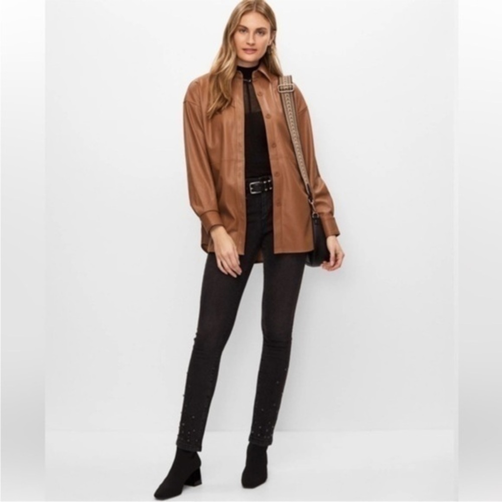 New Joseph Ribkoff | Tan Beige Button Down Vegan Leather Faux Leather Overshirt